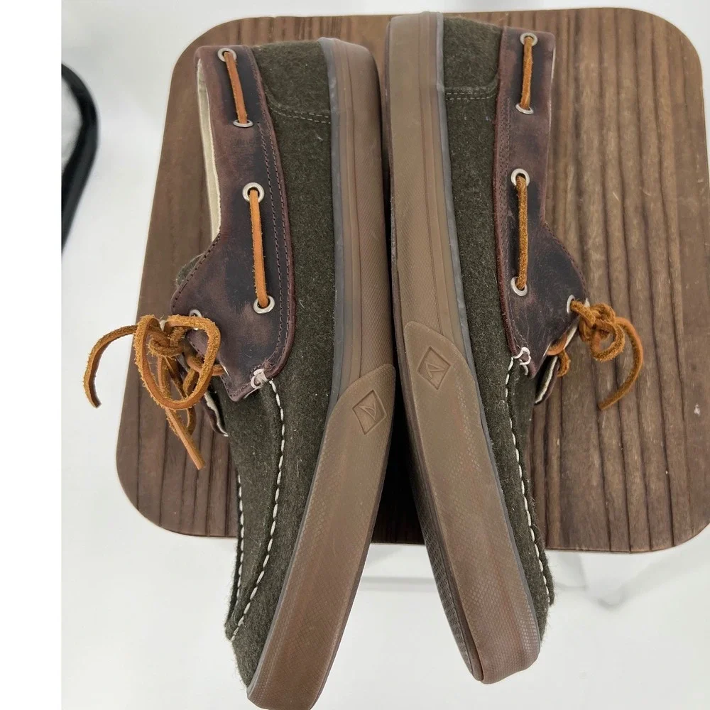 Sperry Top-Sider Bahama II Mens 12 Olive Green Wool Leather Boat Shoes STS18119